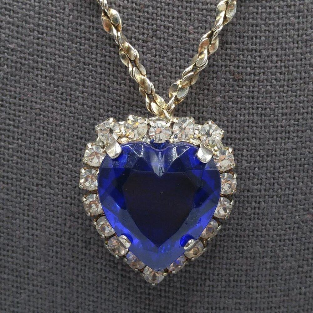 Vintage Blue Heart Pendant Necklace, Signed BC Lind 1998, Clear Rhinestones, 17" - Picture 2 of 11